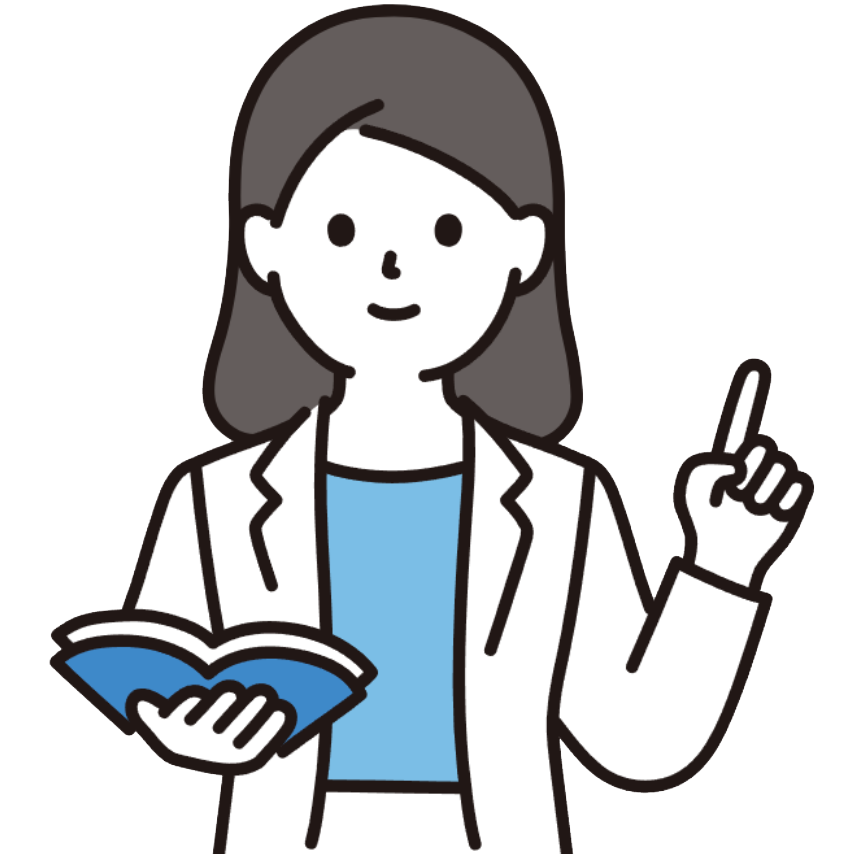 講師のイラスト（教材を持ち、指で示す様子）